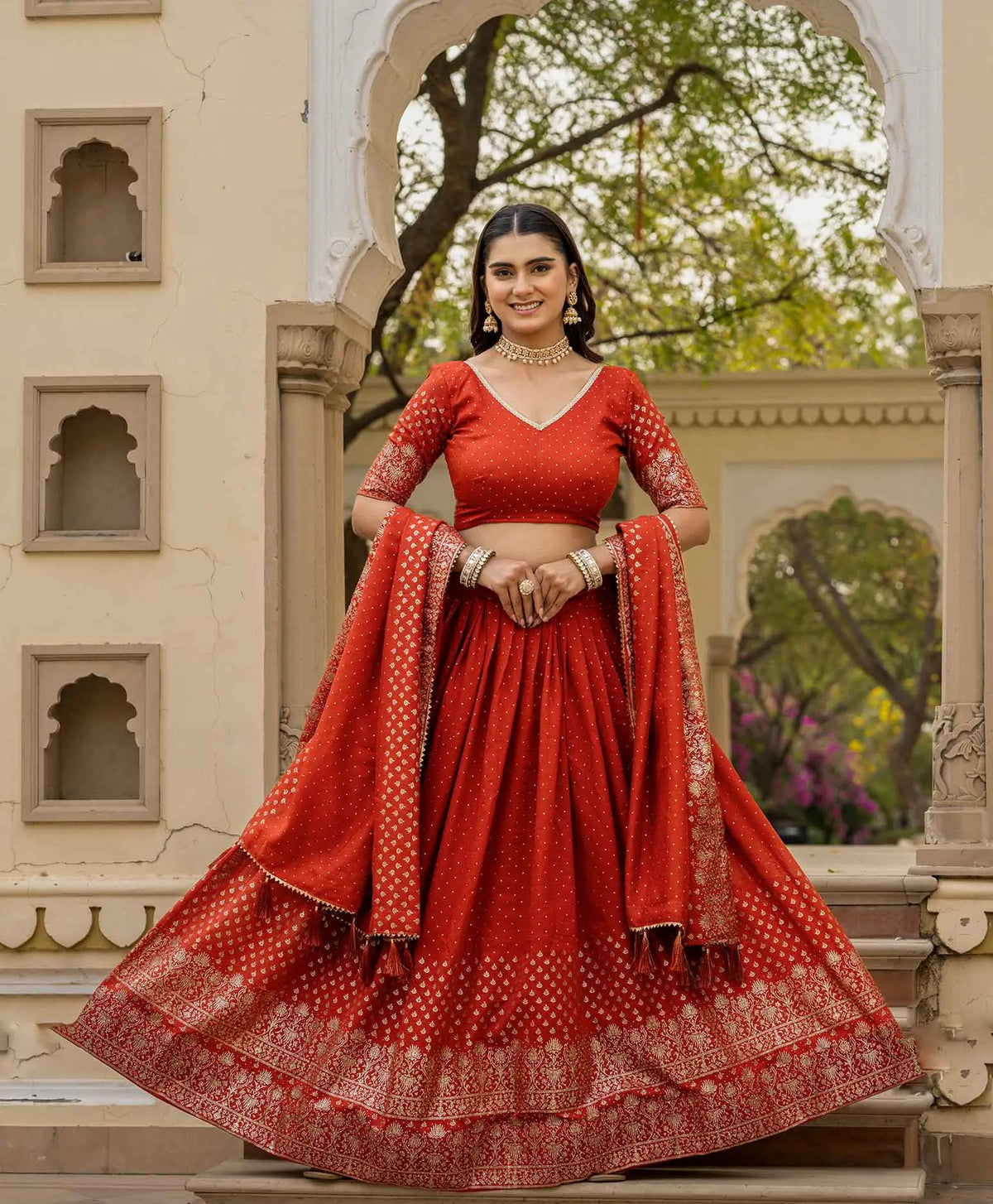 Rust Orange Lehenga With Foil Print & Swarovski Work