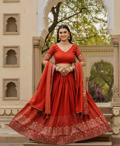 Rust Orange Lehenga With Foil Print & Swarovski Work