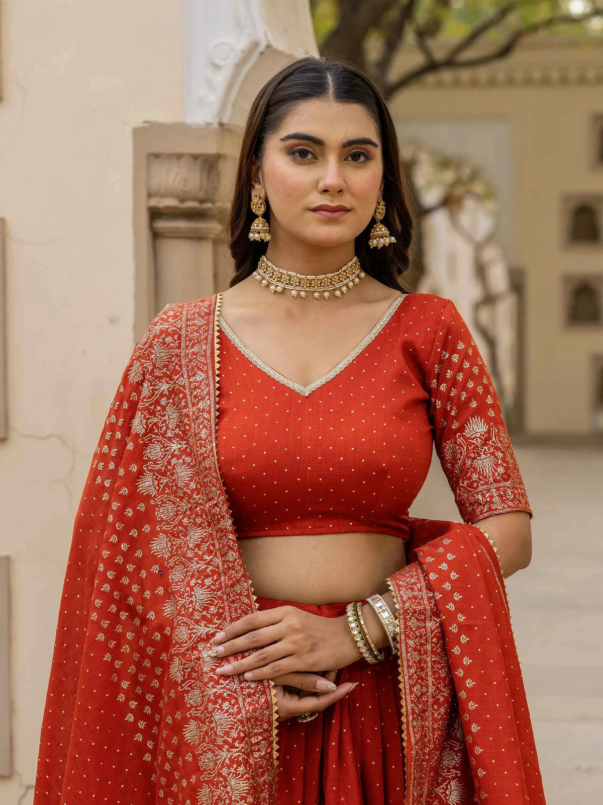 Rust Orange Lehenga With Foil Print & Swarovski Work