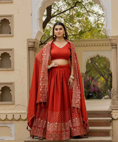 Rust Orange Lehenga With Foil Print & Swarovski Work
