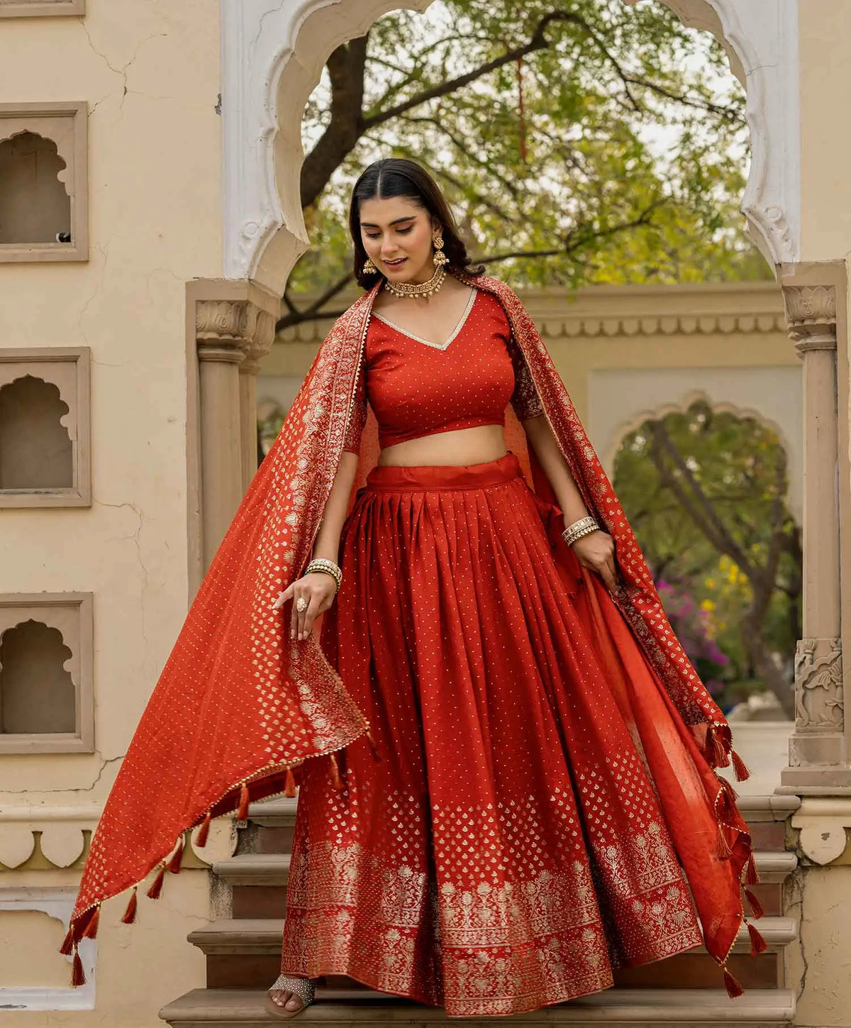 Rust Orange Lehenga With Foil Print & Swarovski Work