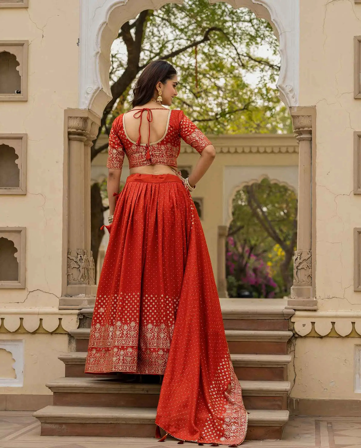Rust Orange Lehenga With Foil Print & Swarovski Work