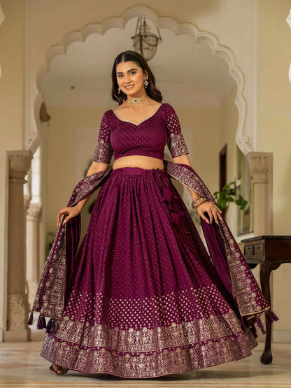 Wine Lehenga With Foil Print & Swarovski Work