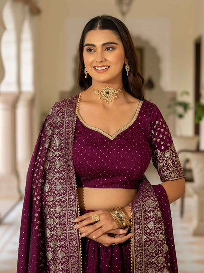 Wine Lehenga With Foil Print & Swarovski Work