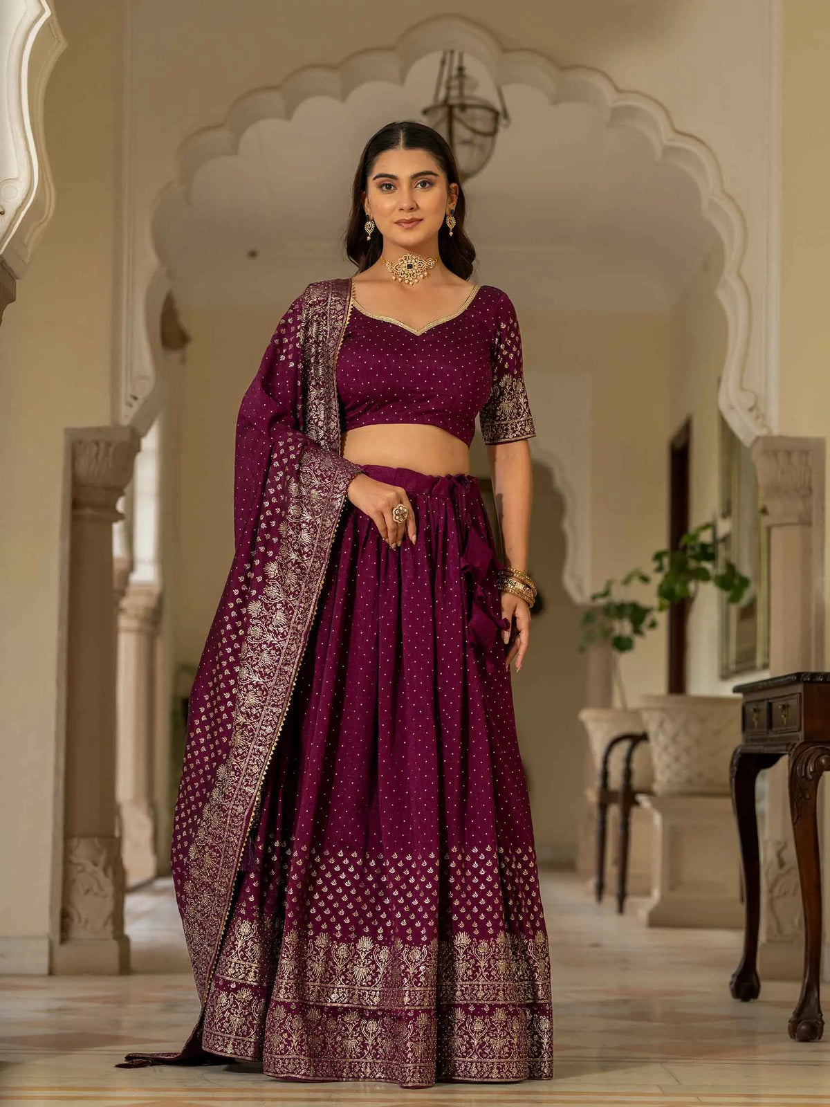 Wine Lehenga With Foil Print & Swarovski Work