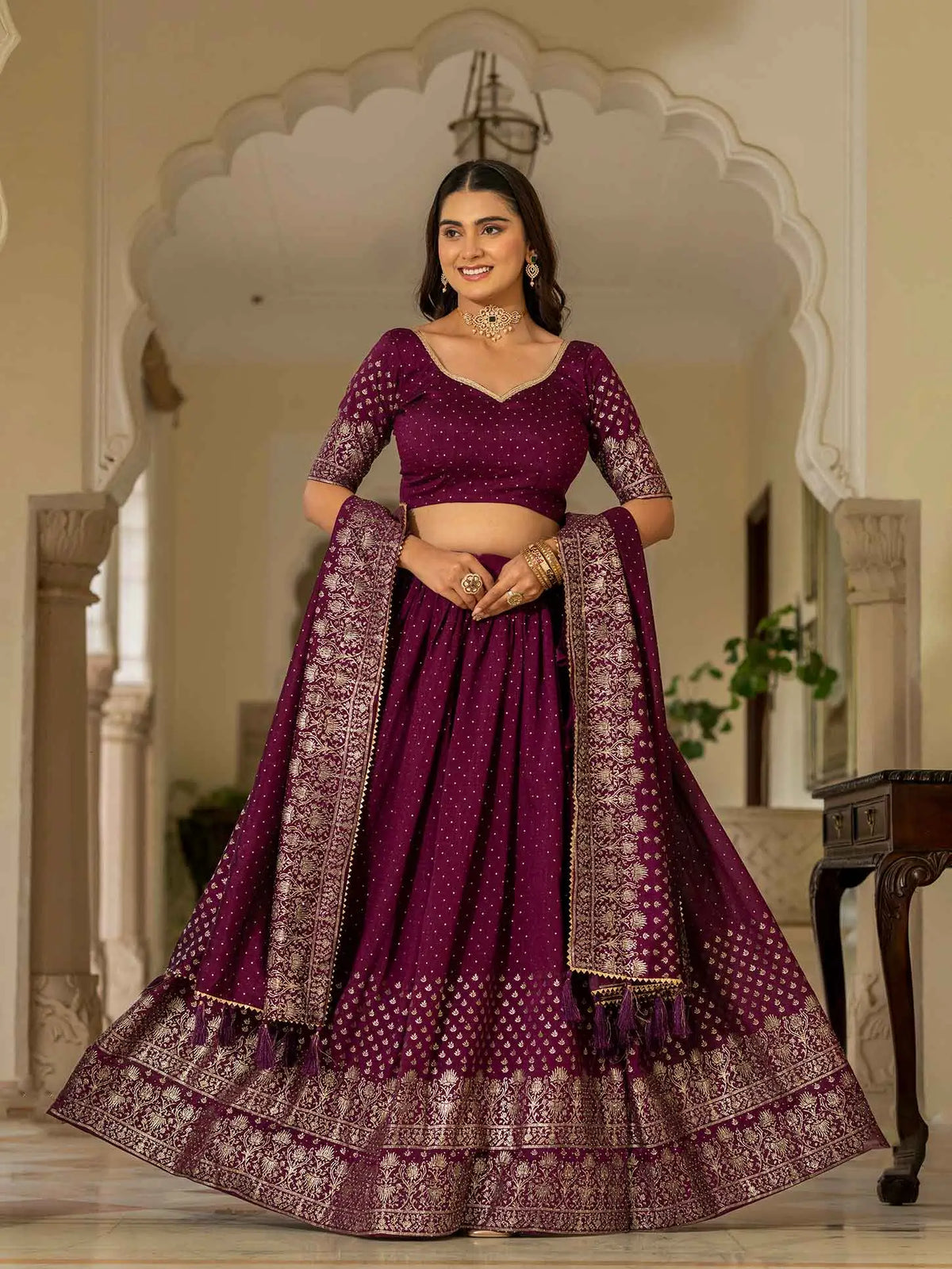 Wine Lehenga With Foil Print & Swarovski Work