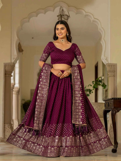 Wine Lehenga With Foil Print & Swarovski Work