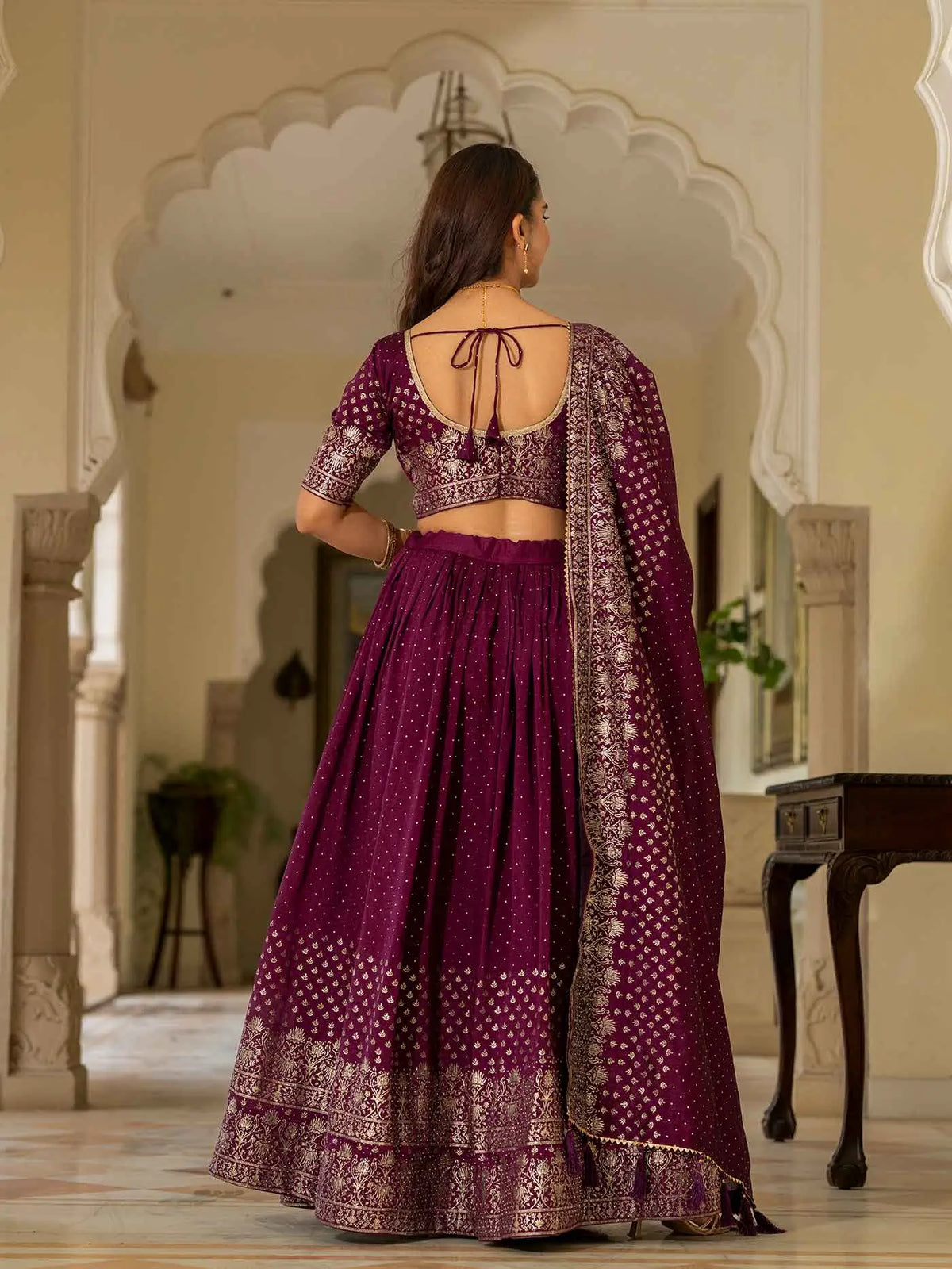 Wine Lehenga With Foil Print & Swarovski Work