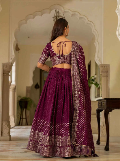 Wine Lehenga With Foil Print & Swarovski Work