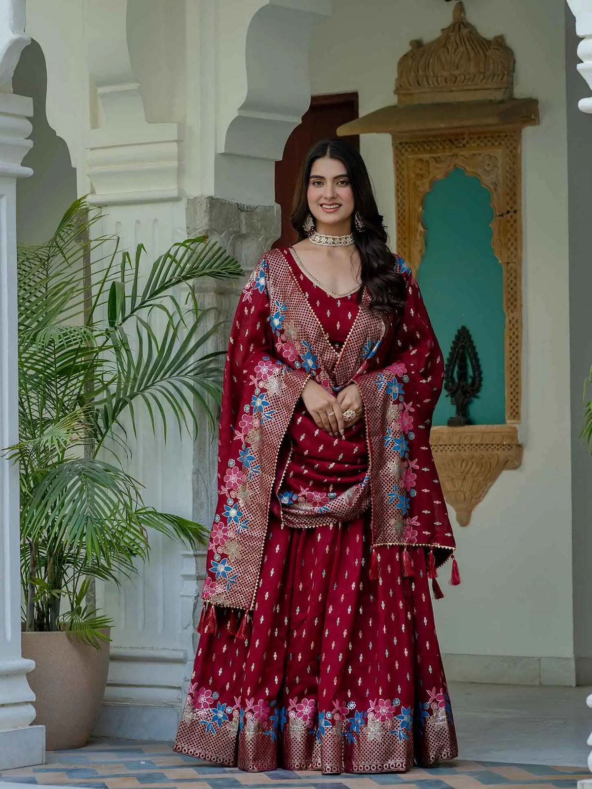 Maroon Multi Color Foil Print Lehenga Choli
