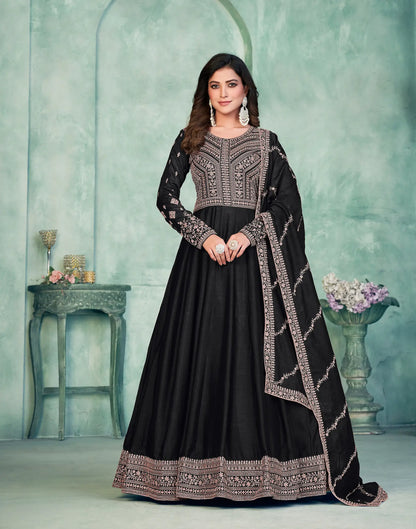 Black Art Silk Gown With Zari & Thread Embroidery Work