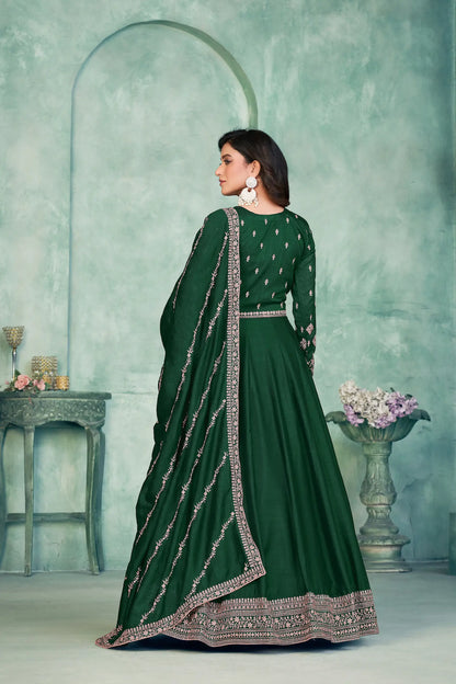 Green Art Silk Gown With Zari & Thread Embroidery Work
