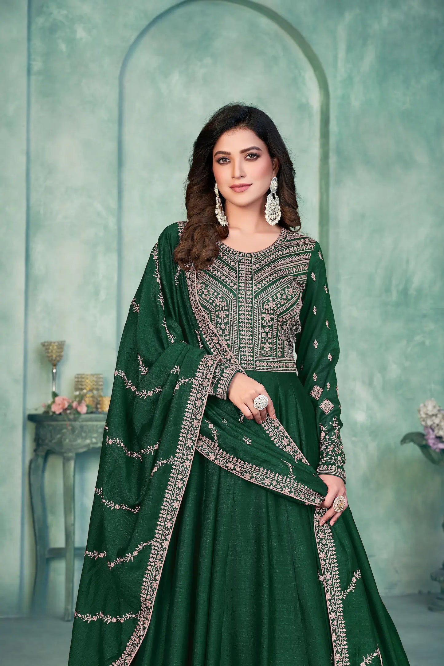 Green Art Silk Gown With Zari & Thread Embroidery Work