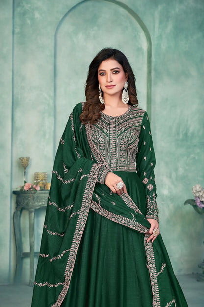 Green Art Silk Gown With Zari & Thread Embroidery Work