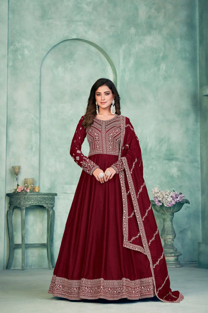 Red Art Silk Gown With Zari & Thread Embroidery Work