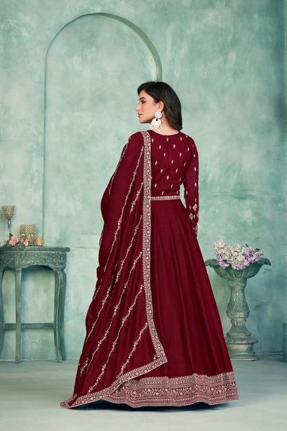 Red Art Silk Gown With Zari & Thread Embroidery Work