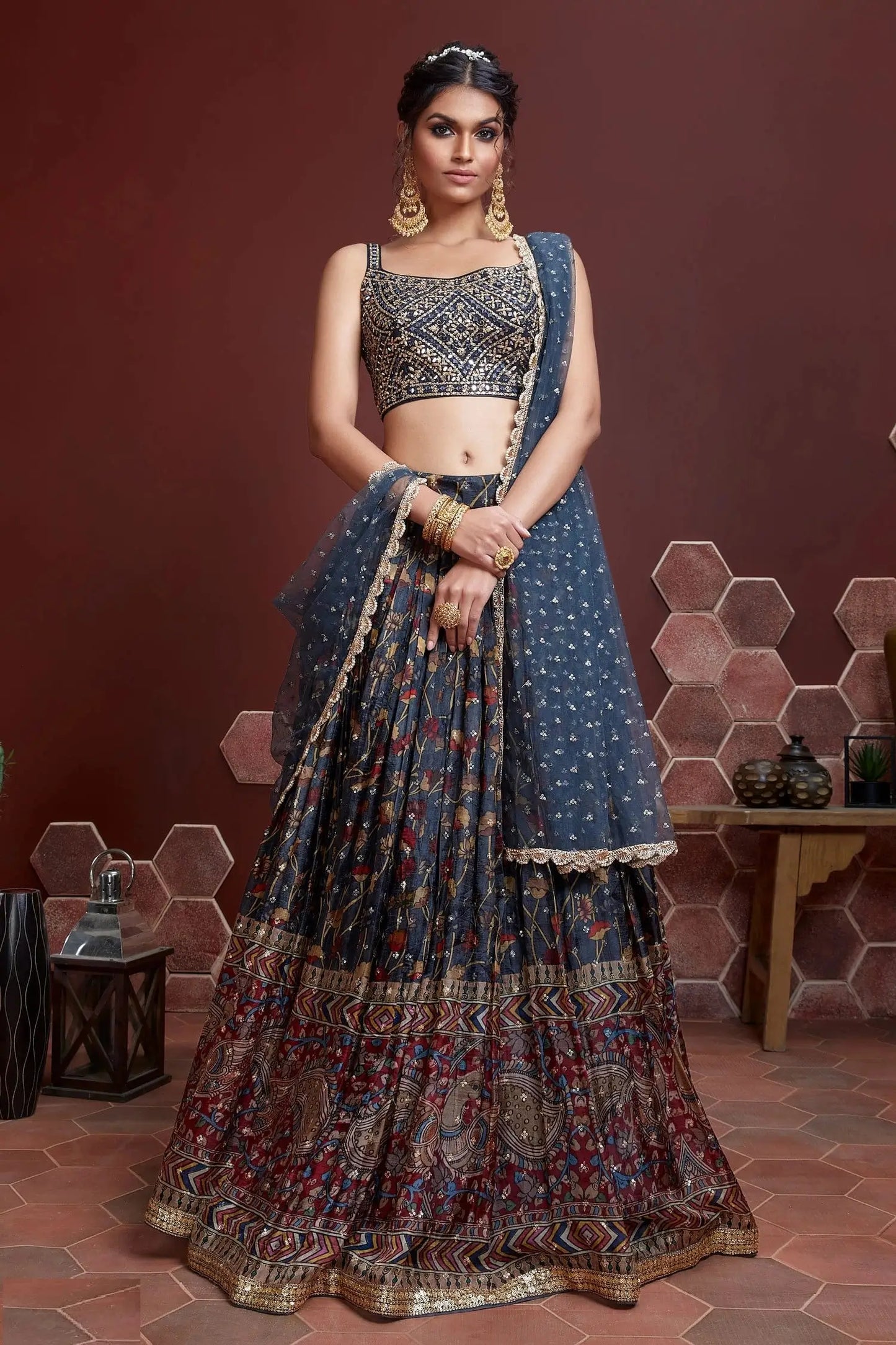 Davy Grey Blue Lehenga With Digital Print And Heavy Embroidery Work With Real Mirror Work