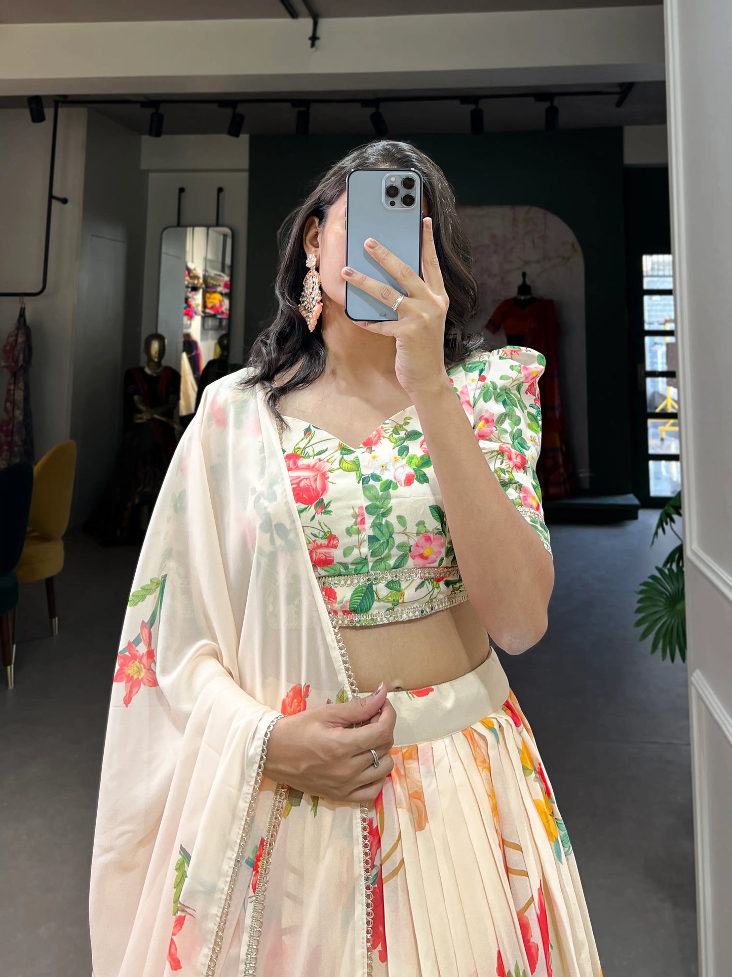Cream Georgette Floral printed Lehenga Choli