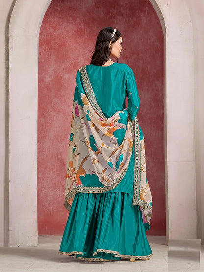 Teal Blue Chinon Silk Sharara Set with Embroidered Top & Taby Silk Dupatta