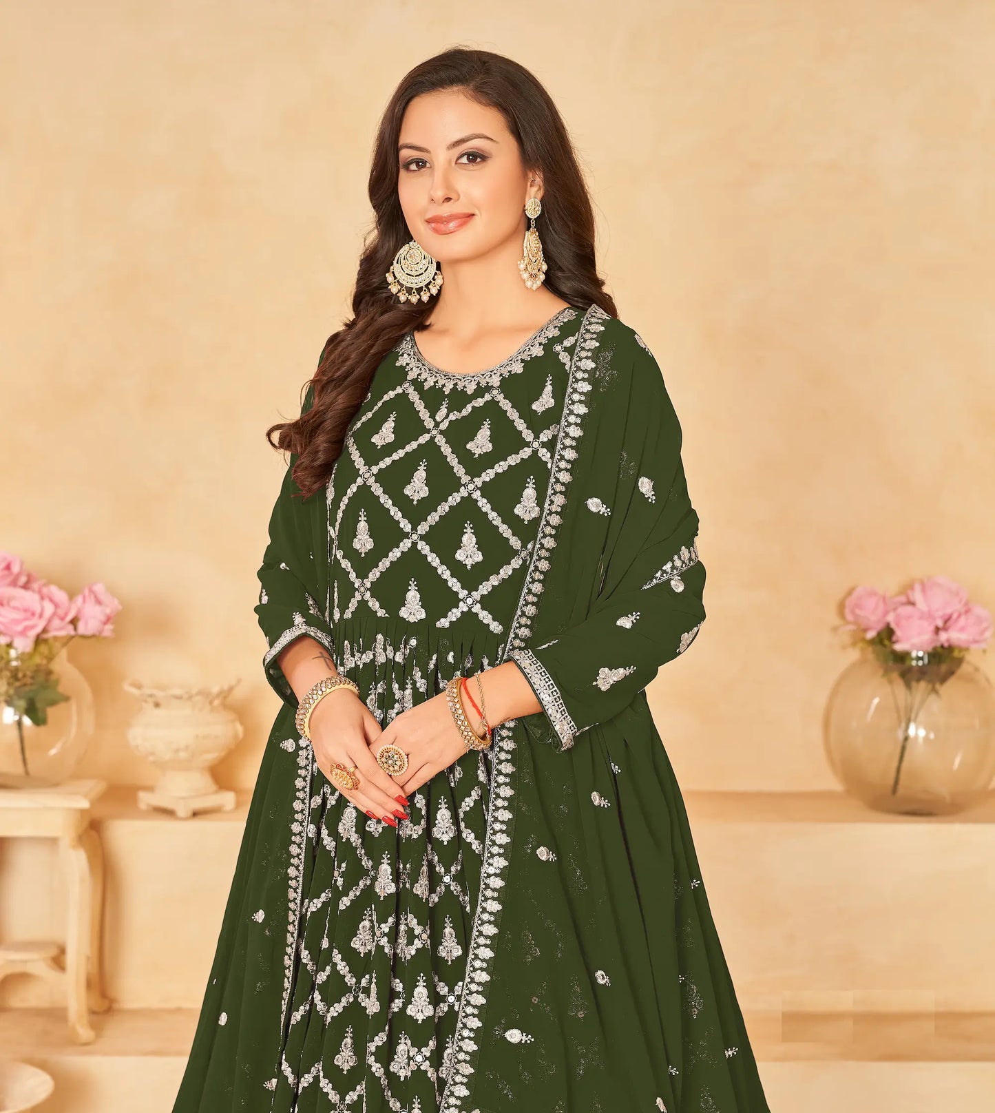 Army Green Georgette Gown With Sequins & Thread Embroidery Work