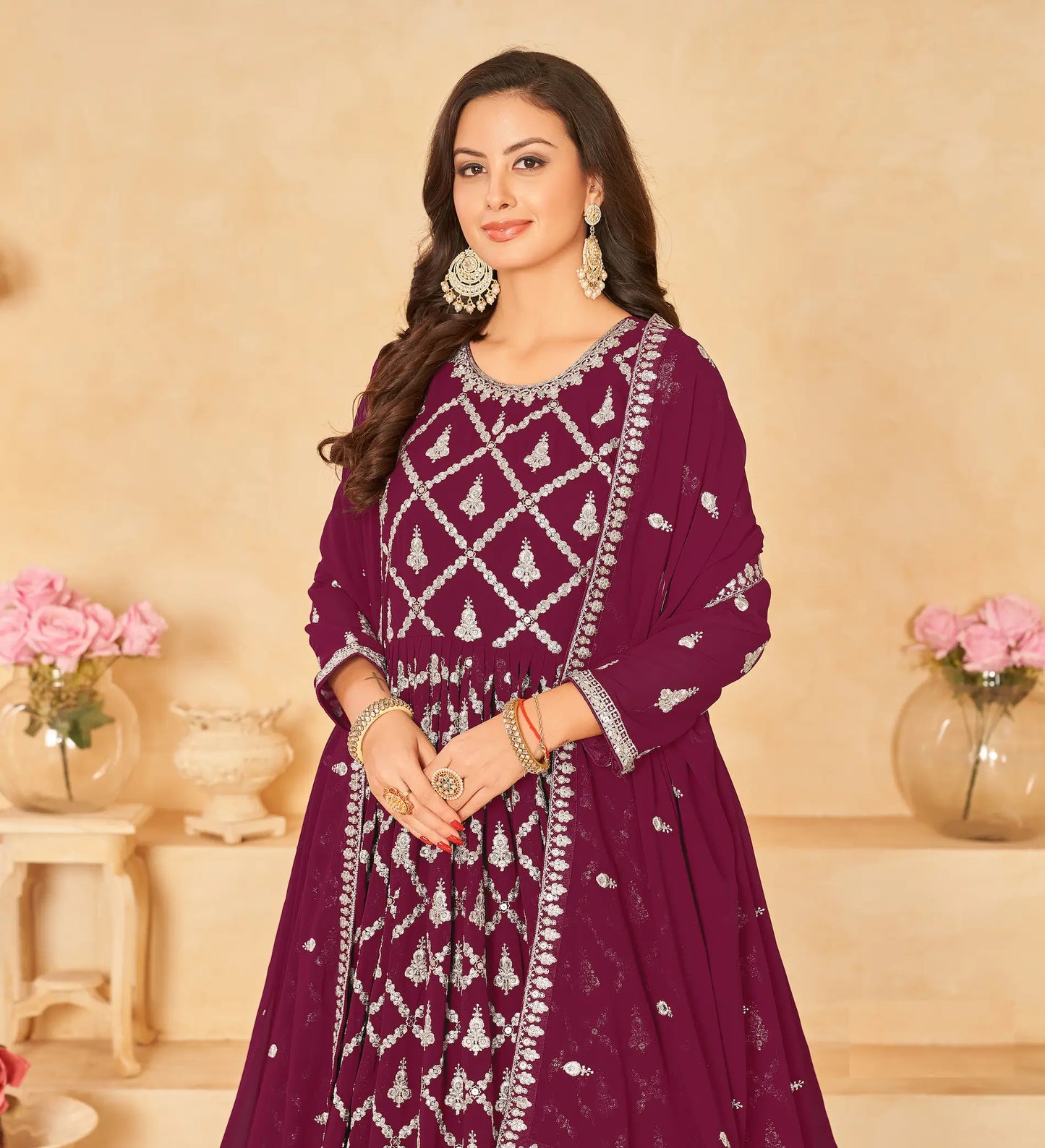 Dark Red Georgette Gown With Sequins & Thread Embroidery Work