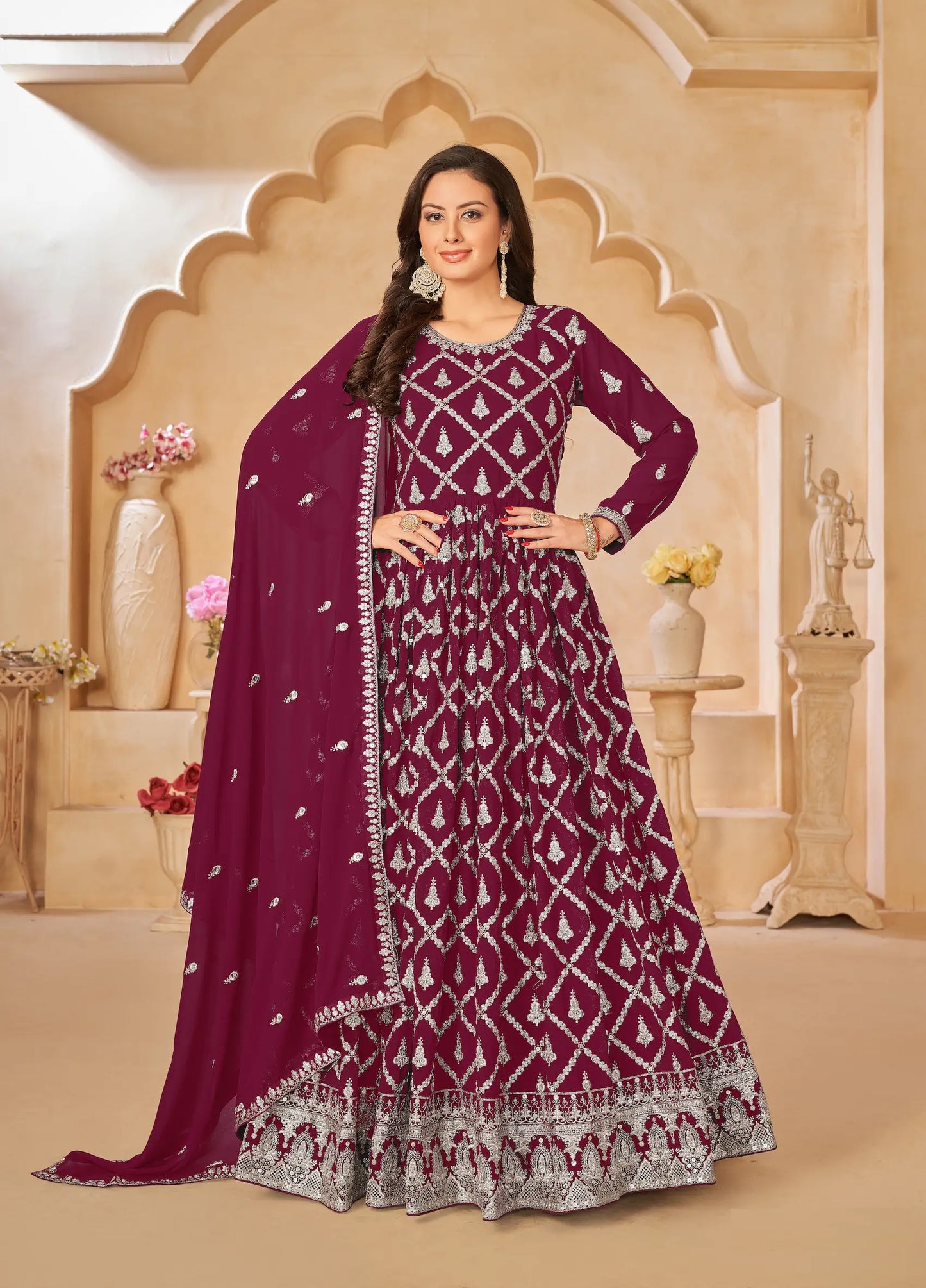 Dark Red Georgette Gown With Sequins & Thread Embroidery Work