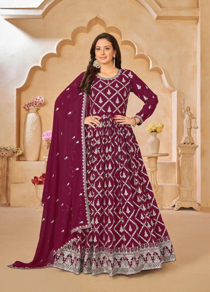 Dark Red Georgette Gown With Sequins & Thread Embroidery Work