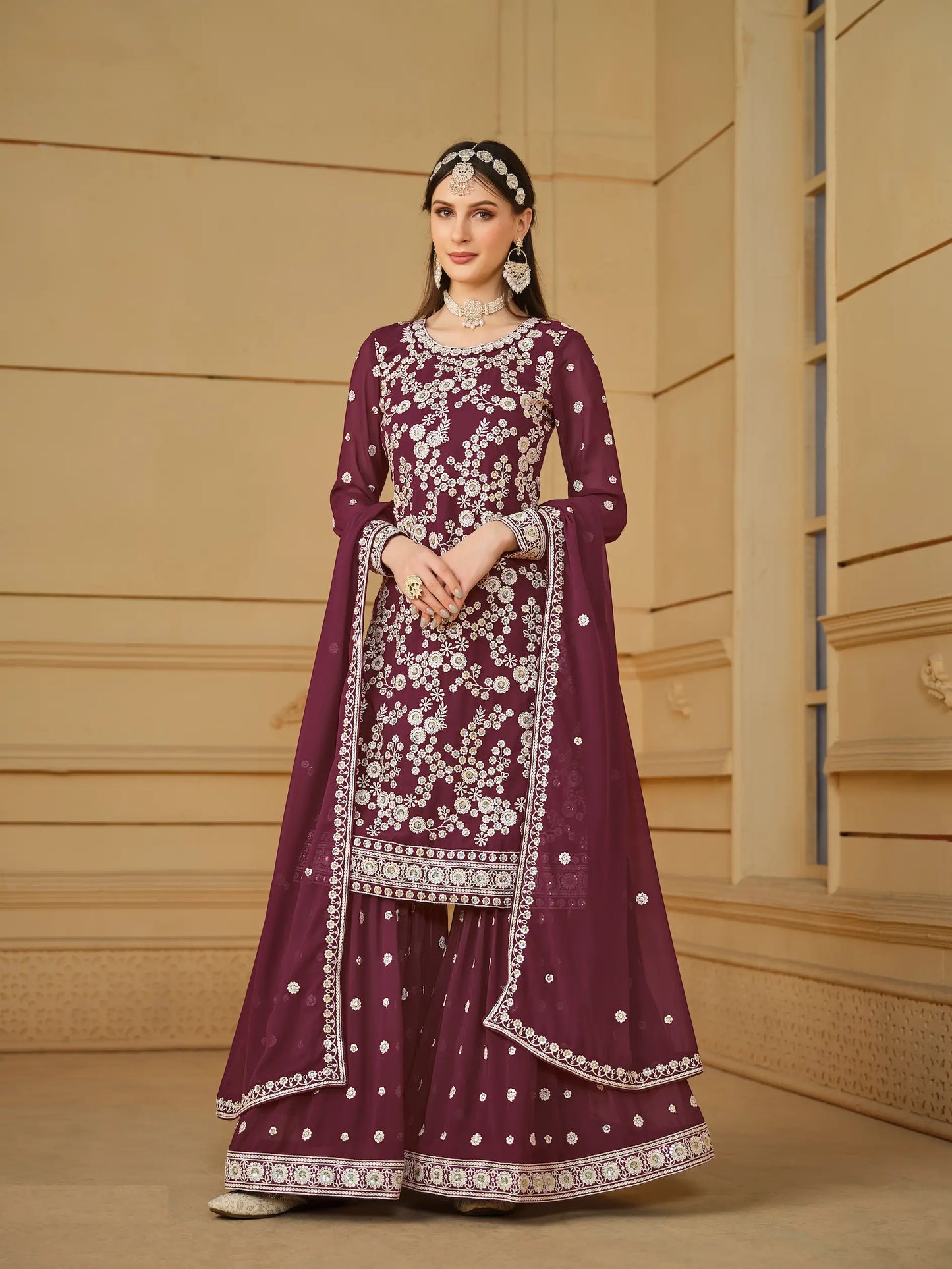 Maroon Georgette Thread & Sequins Embroidery Sharara Suit