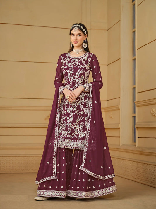 Maroon Georgette Thread & Sequins Embroidery Sharara Suit