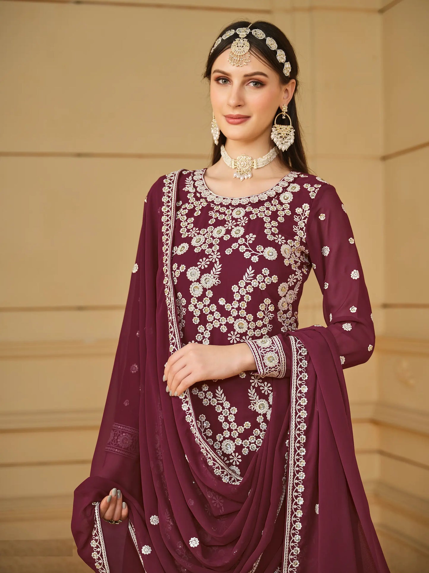 Maroon Georgette Thread & Sequins Embroidery Sharara Suit
