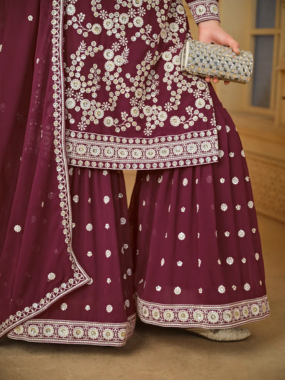 Maroon Georgette Thread & Sequins Embroidery Sharara Suit