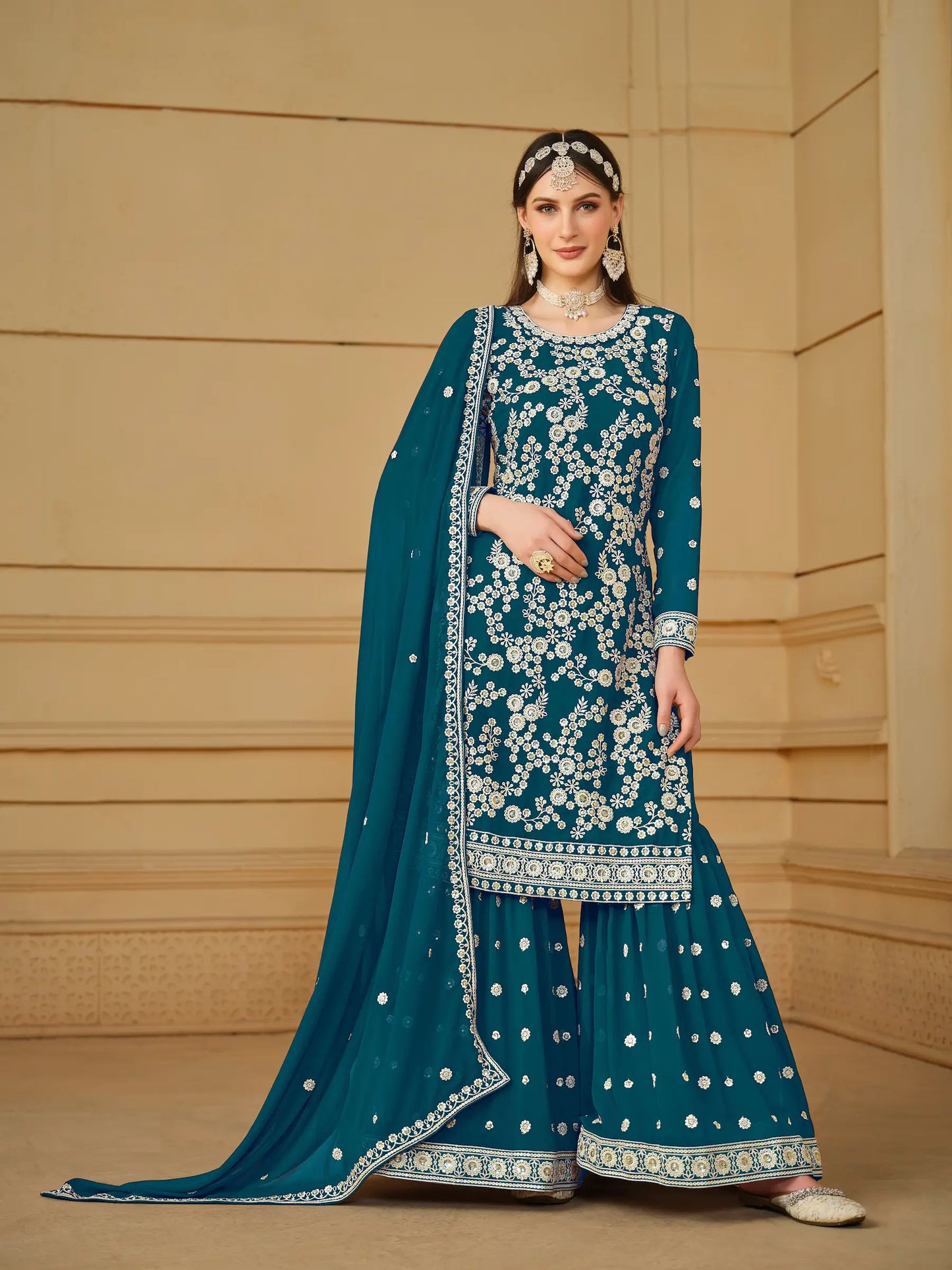 Teal Blue Georgette Thread & Sequins Embroidery Sharara Suit