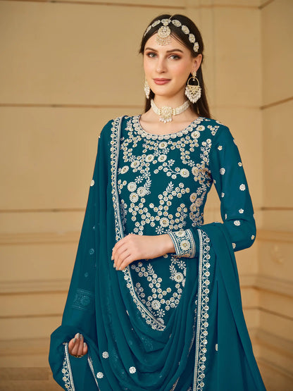 Teal Blue Georgette Thread & Sequins Embroidery Sharara Suit