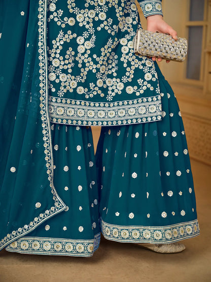 Teal Blue Georgette Thread & Sequins Embroidery Sharara Suit
