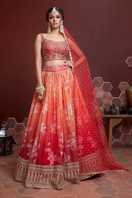 Sunrise Orange Lehenga With Digital Print And Heavy Embroidery Work With Sarvoski And Real Mirror Work