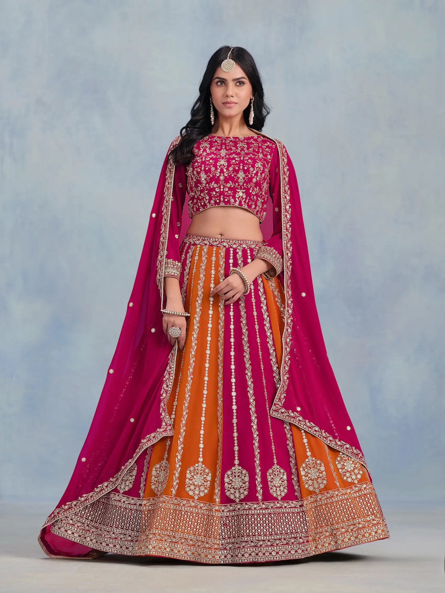 Dark Pink-Orange Georgette Thread & Sequins Embroidery Lehenga Choli