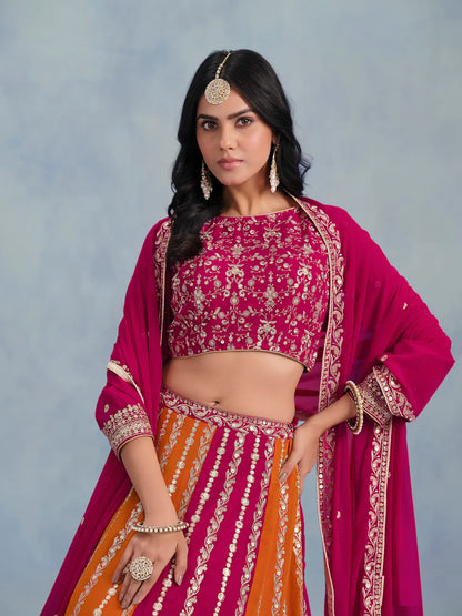 Dark Pink-Orange Georgette Thread & Sequins Embroidery Lehenga Choli
