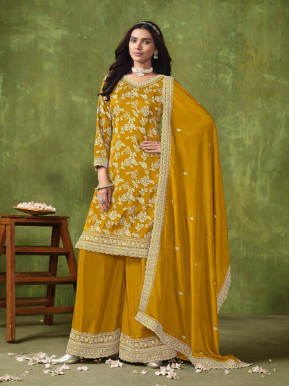 Yellow Dola Silk Palazzo Suit with Zari Weaving, Thread & Sequins Embroidery Work