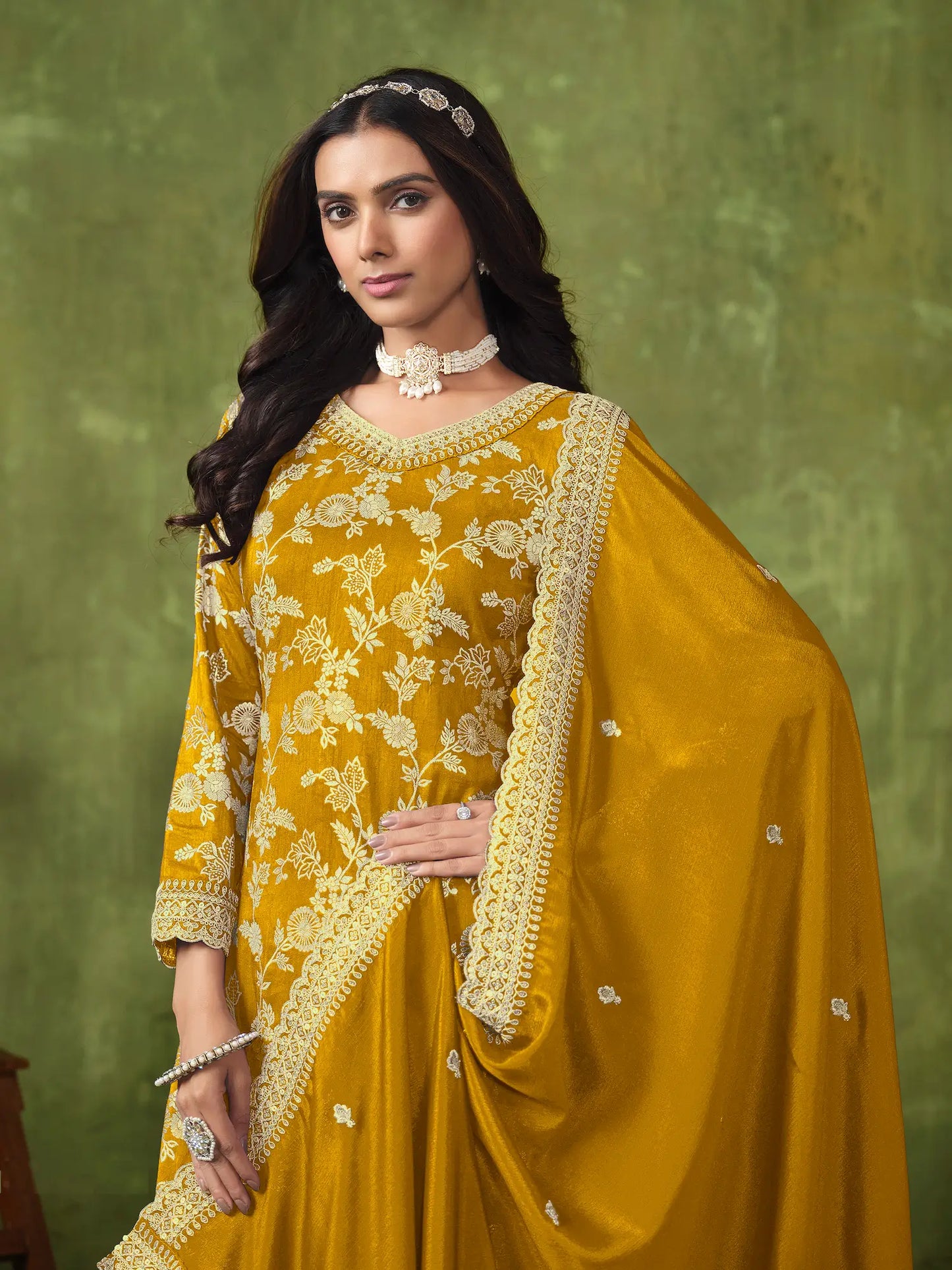 Yellow Dola Silk Palazzo Suit with Zari Weaving, Thread & Sequins Embroidery Work