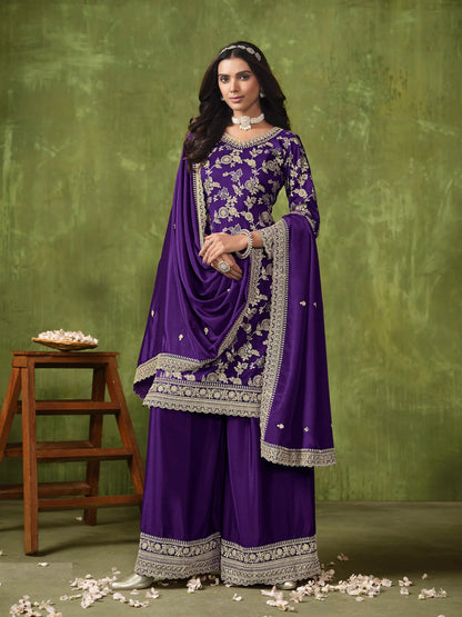 Purple Dola Silk Palazzo Suit with Zari Weaving, Thread & Sequins Embroidery Work