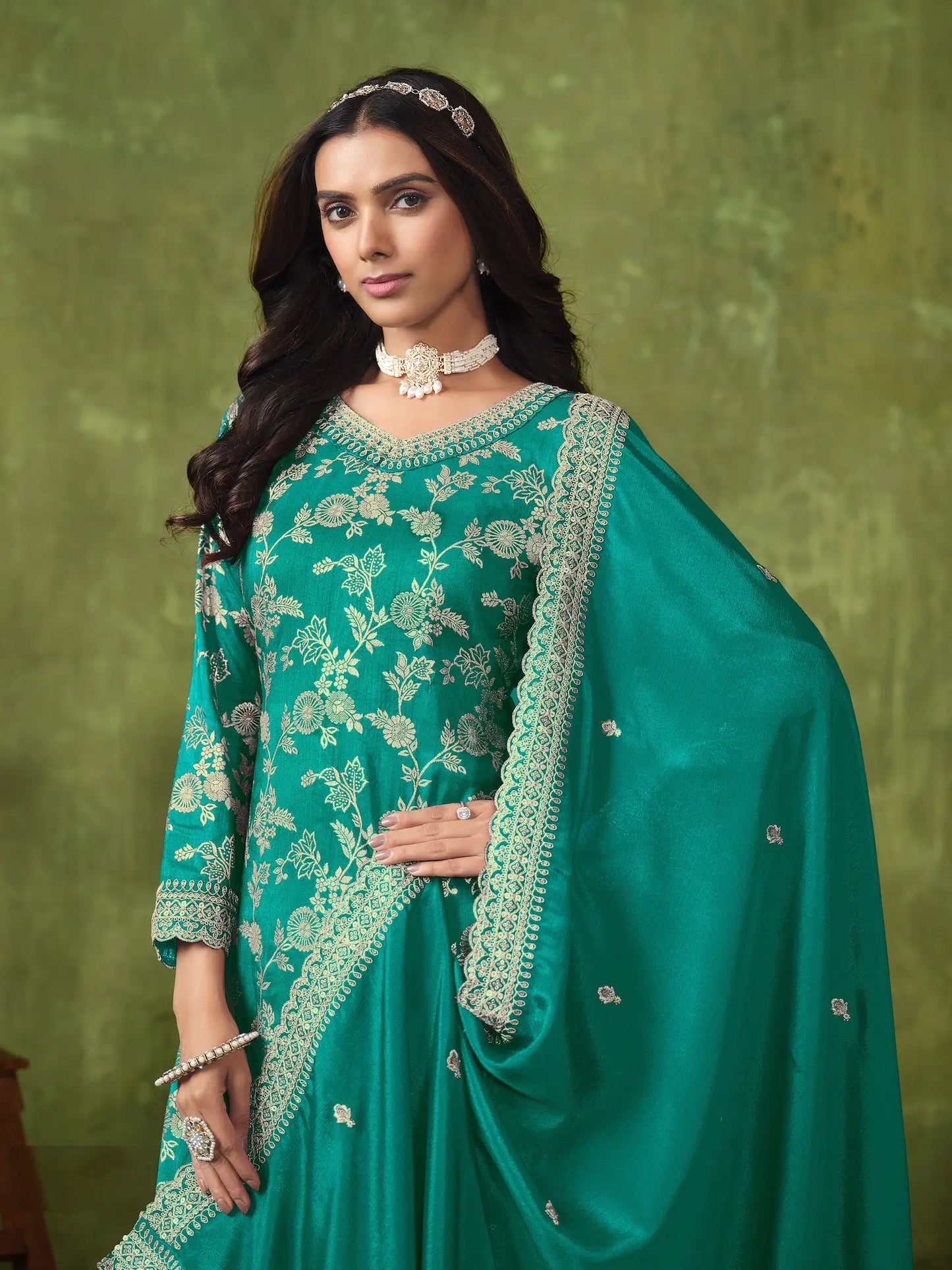 Teal Green Dola Silk Palazzo Suit with Zari Weaving, Thread & Sequins Embroidery Work
