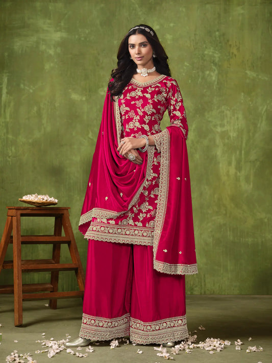 Red Dola Silk Palazzo Suit with Zari Weaving, Thread & Sequins Embroidery Work