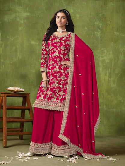 Red Dola Silk Palazzo Suit with Zari Weaving, Thread & Sequins Embroidery Work
