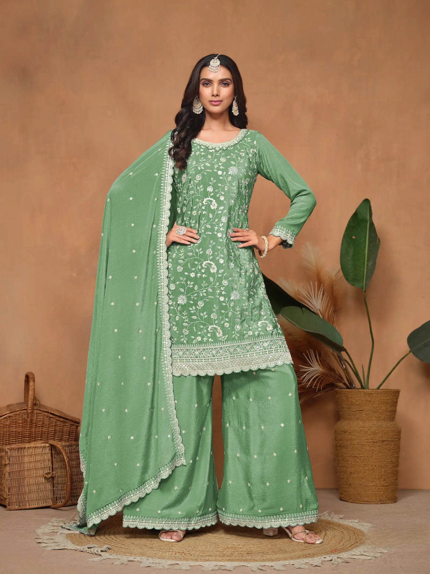 Pista Green Chinon Thread & Sequins Embroidery Palazzo Suit