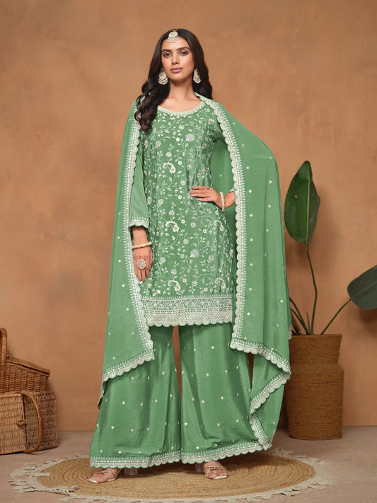 Pista Green Chinon Thread & Sequins Embroidery Palazzo Suit