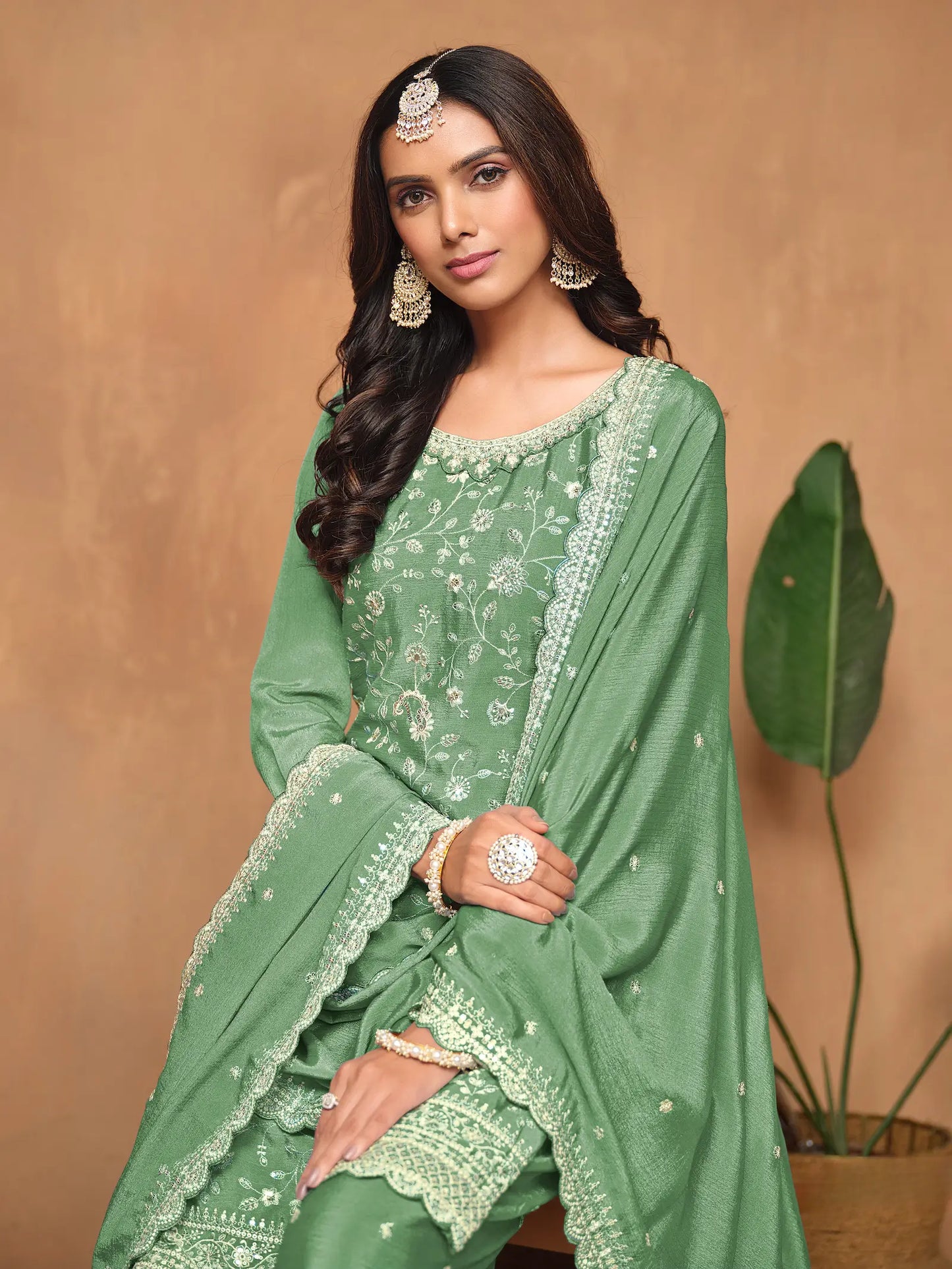 Pista Green Chinon Thread & Sequins Embroidery Palazzo Suit