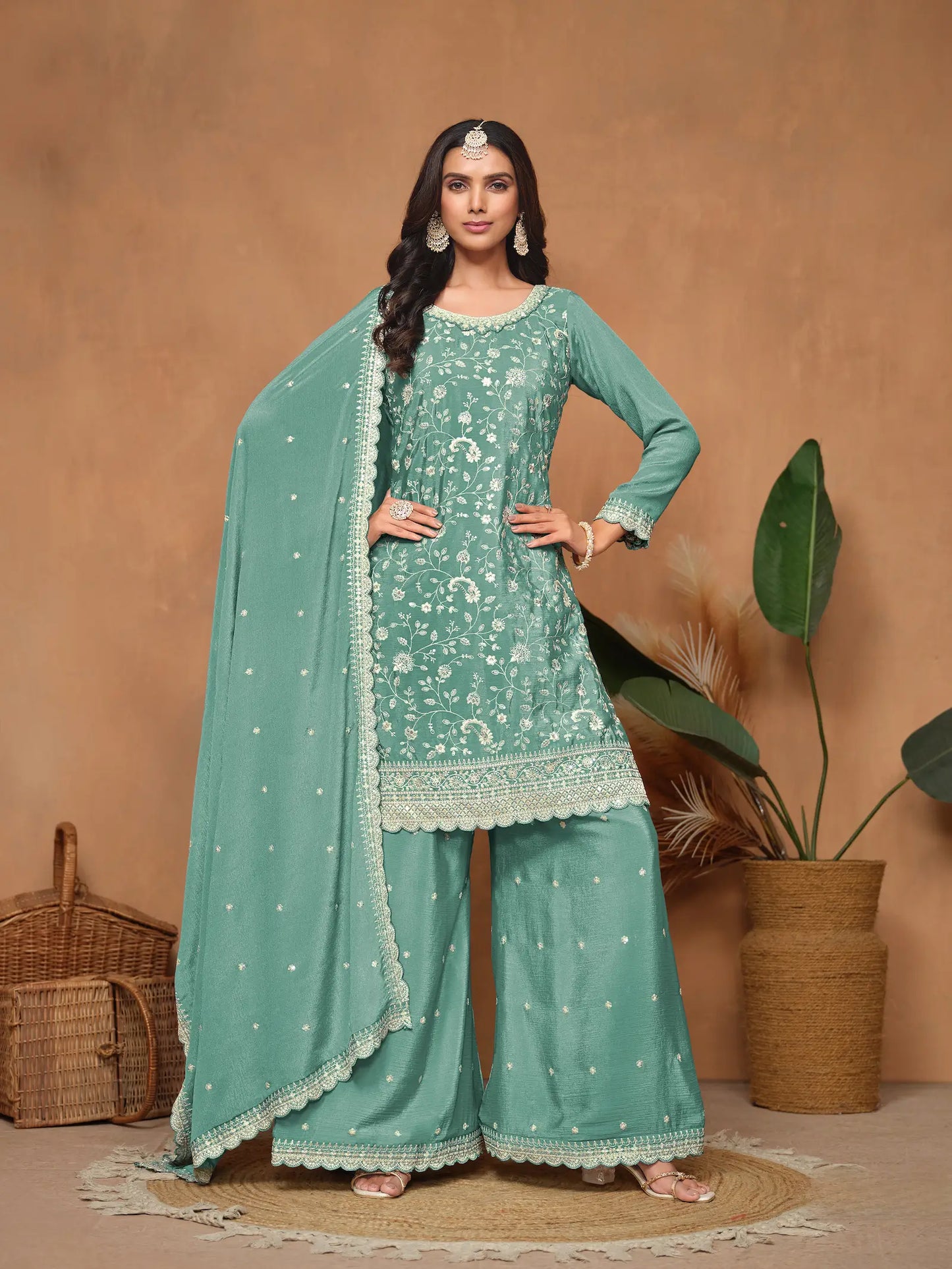 Sky Blue Chinon Thread & Sequins Embroidery Palazzo Suit