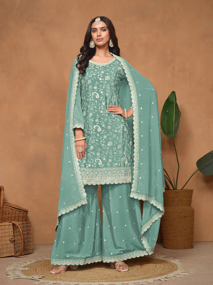 Sky Blue Chinon Thread & Sequins Embroidery Palazzo Suit