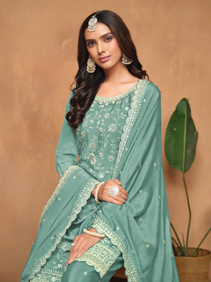 Sky Blue Chinon Thread & Sequins Embroidery Palazzo Suit