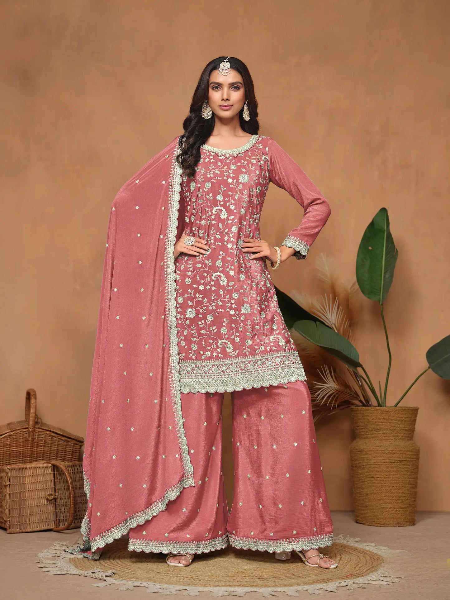 Dusty Pink Chinon Thread & Sequins Embroidery Palazzo Suit